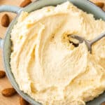 Top down view of a bowl filled with French almond cream.