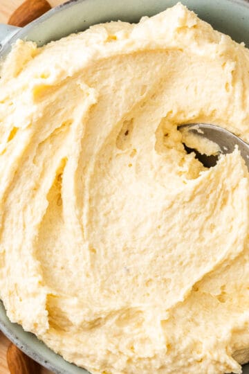 Top down view of a bowl filled with French almond cream.