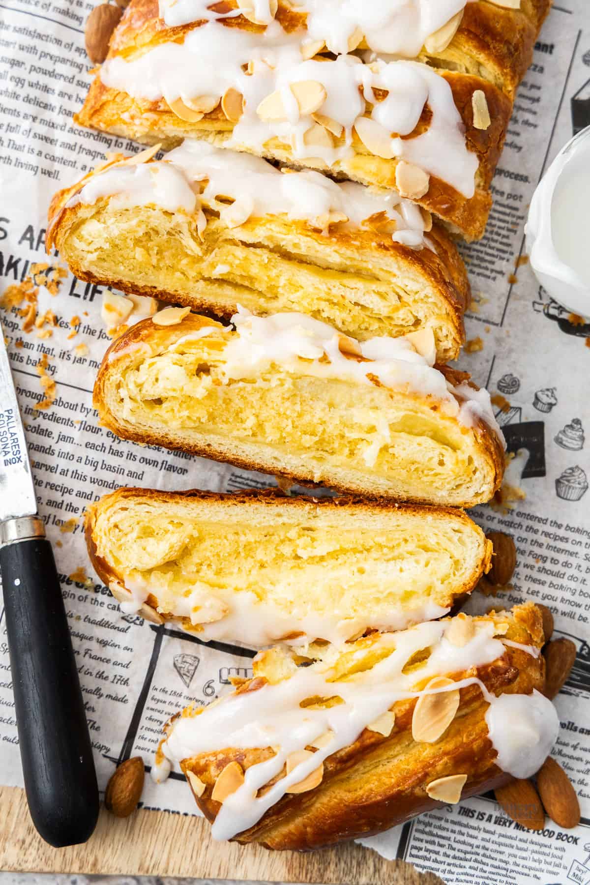 Top down view of the Danish almond braid cut into slices.