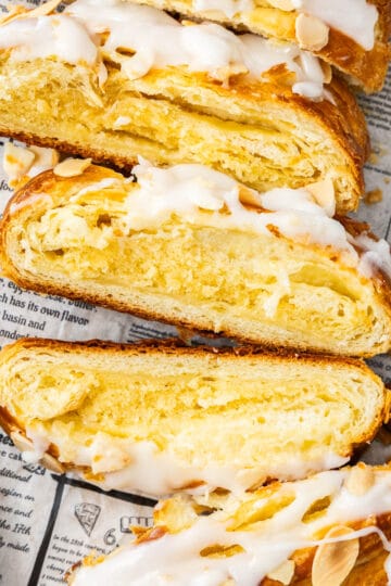 Top down view of the almond Danish cut into slices.