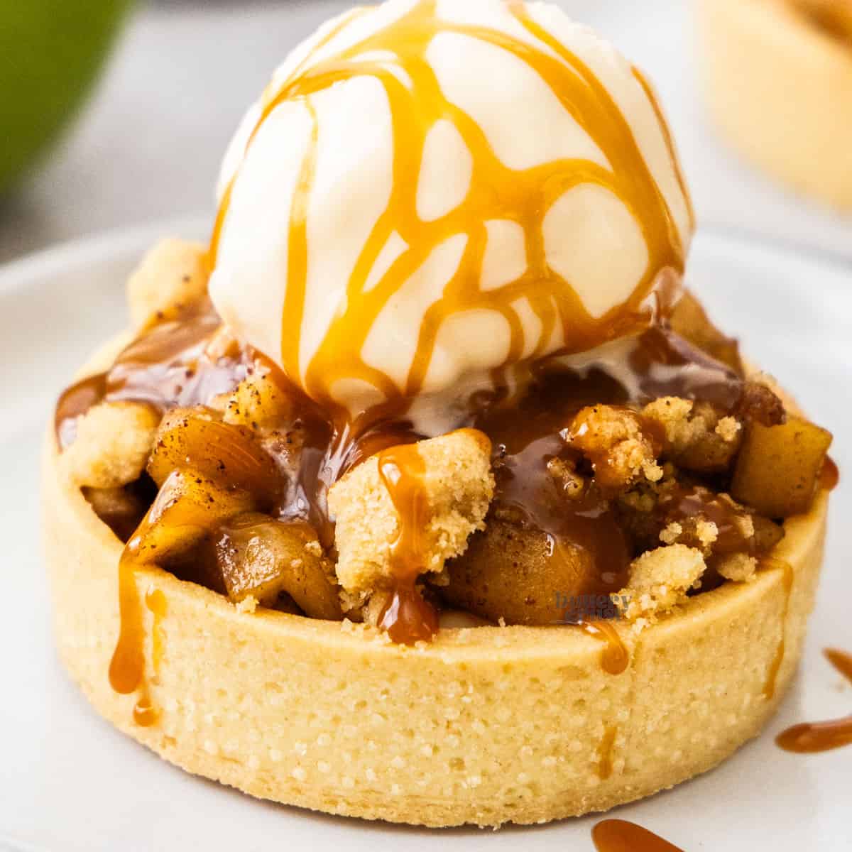 An apple tart topped with a scoop of vanilla ice cream.