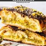 Two pieces of pistachio Danish braid topped with chocolate glaze.