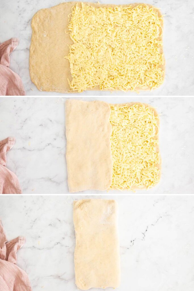 Three images stacked showing the butter being added and folded into the dough.