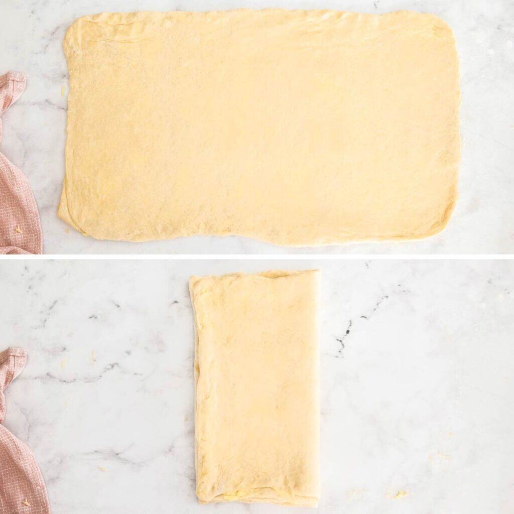 Two stacked images of the dough rolled out, then folded.