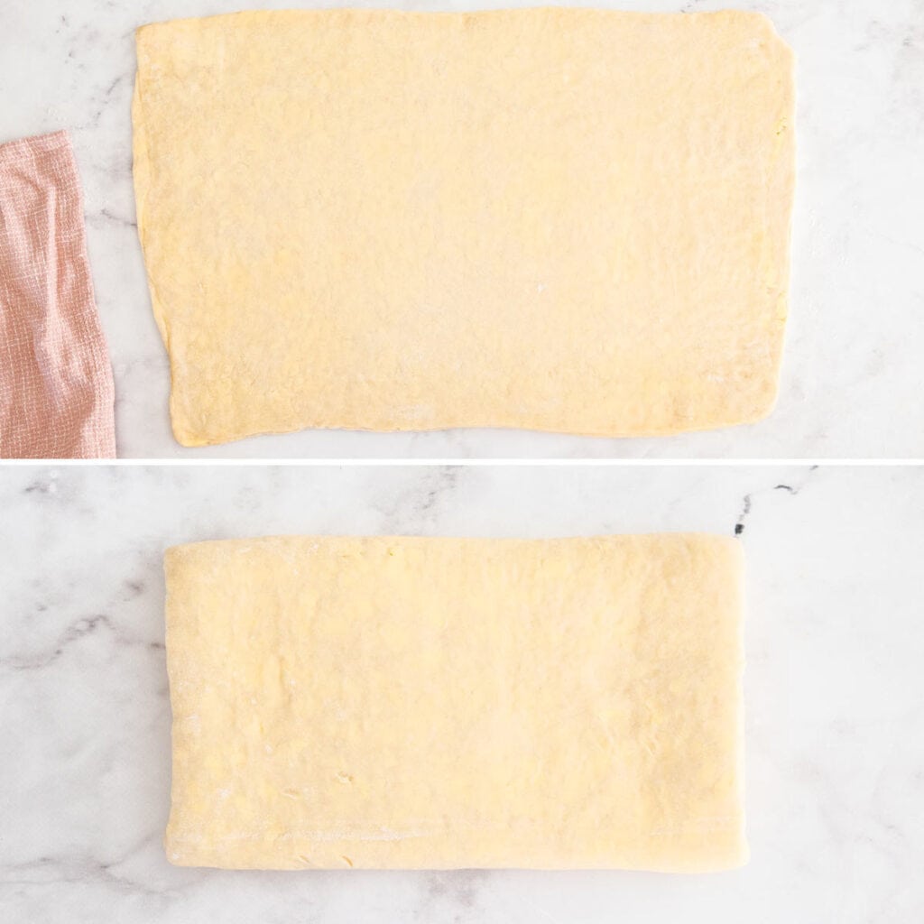 Two images showing the dough rolled out and folded again.