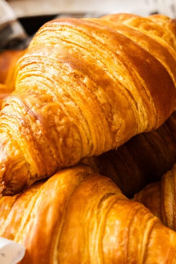 Closeup of a croissant turned sideways.