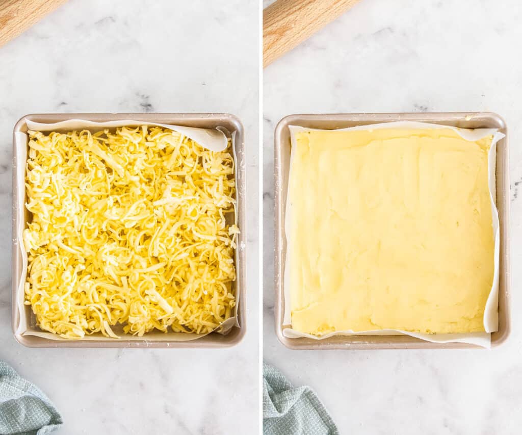 A baking pan filled with grated butter that has then been pressed out flat.