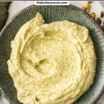 Top down view of pastachio frangipane filling on a plate.