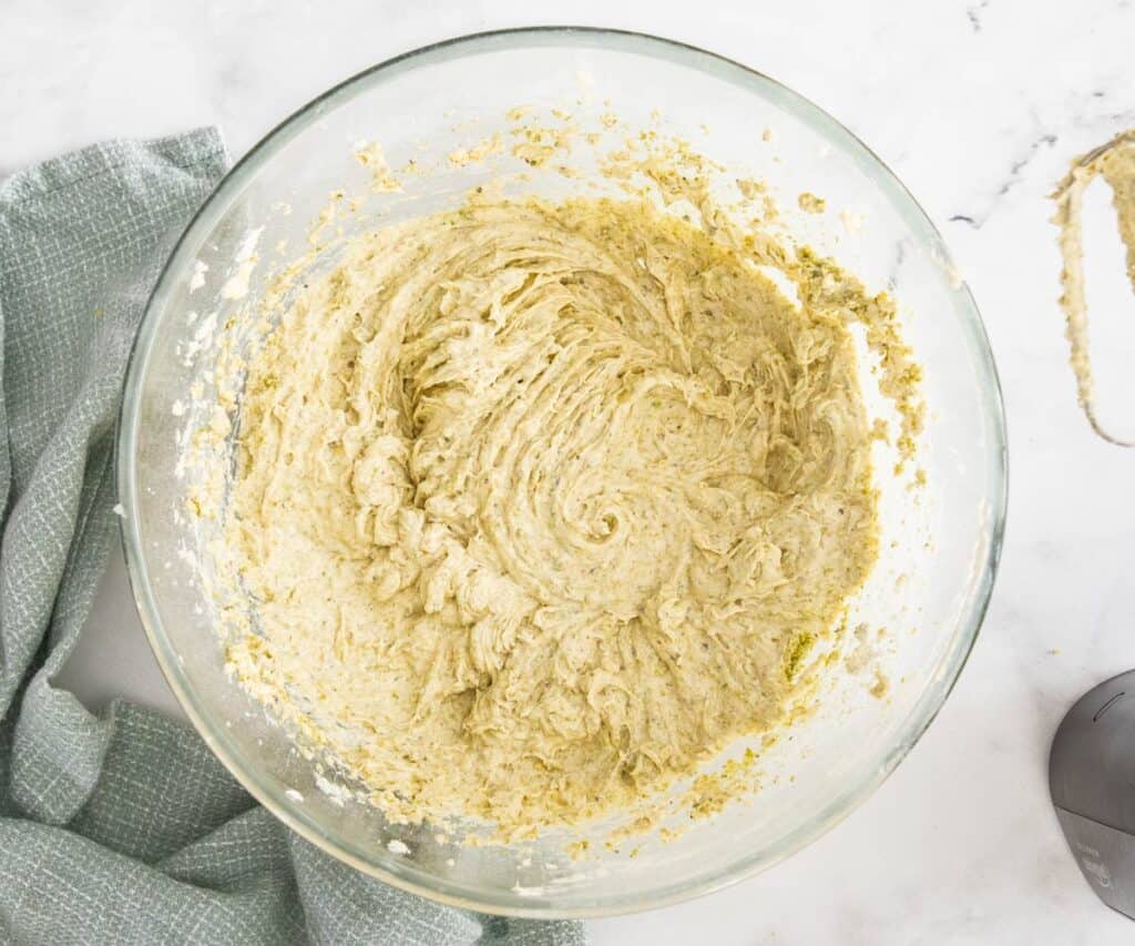Pistachio frangipane filling in a mixing bowl, ready to use.