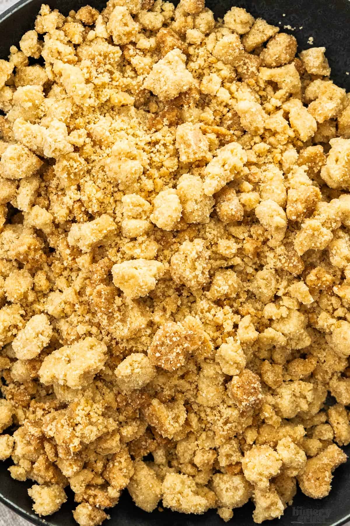 Top down view, closeup of baked crumble topping.