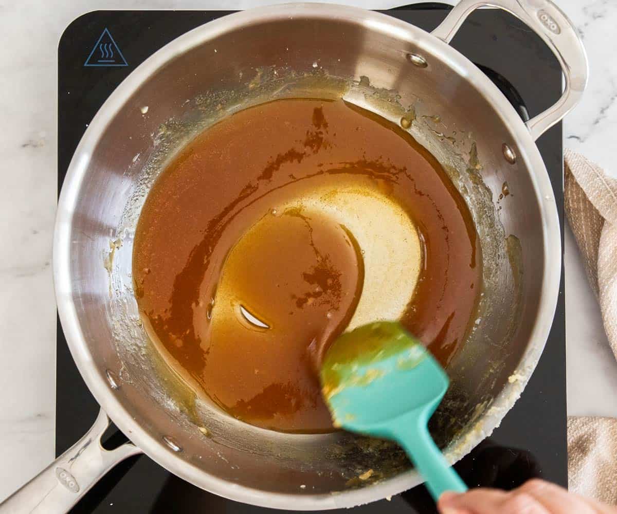 Caramel in a saucepan.