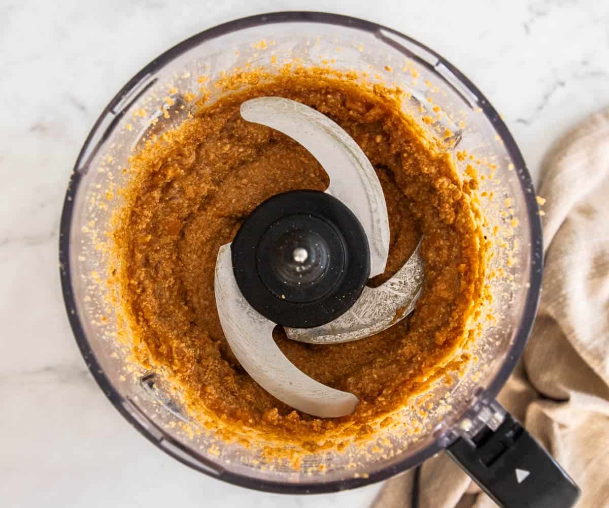 The hazelnut praline paste in a food processor - half way through.