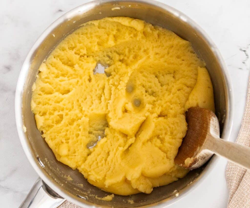 The panade spread out in the pan to cool.