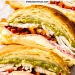 Extreme closeup of the inside of a pesto turkey croissant sandwich.