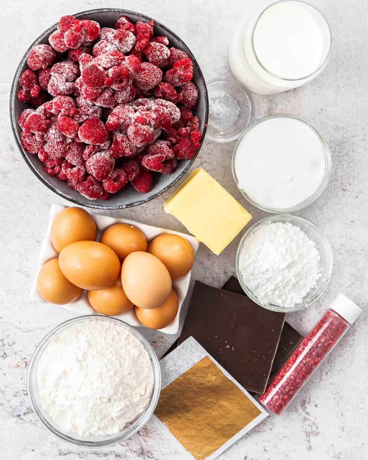 Ingredients for raspberry profiterole wreath.