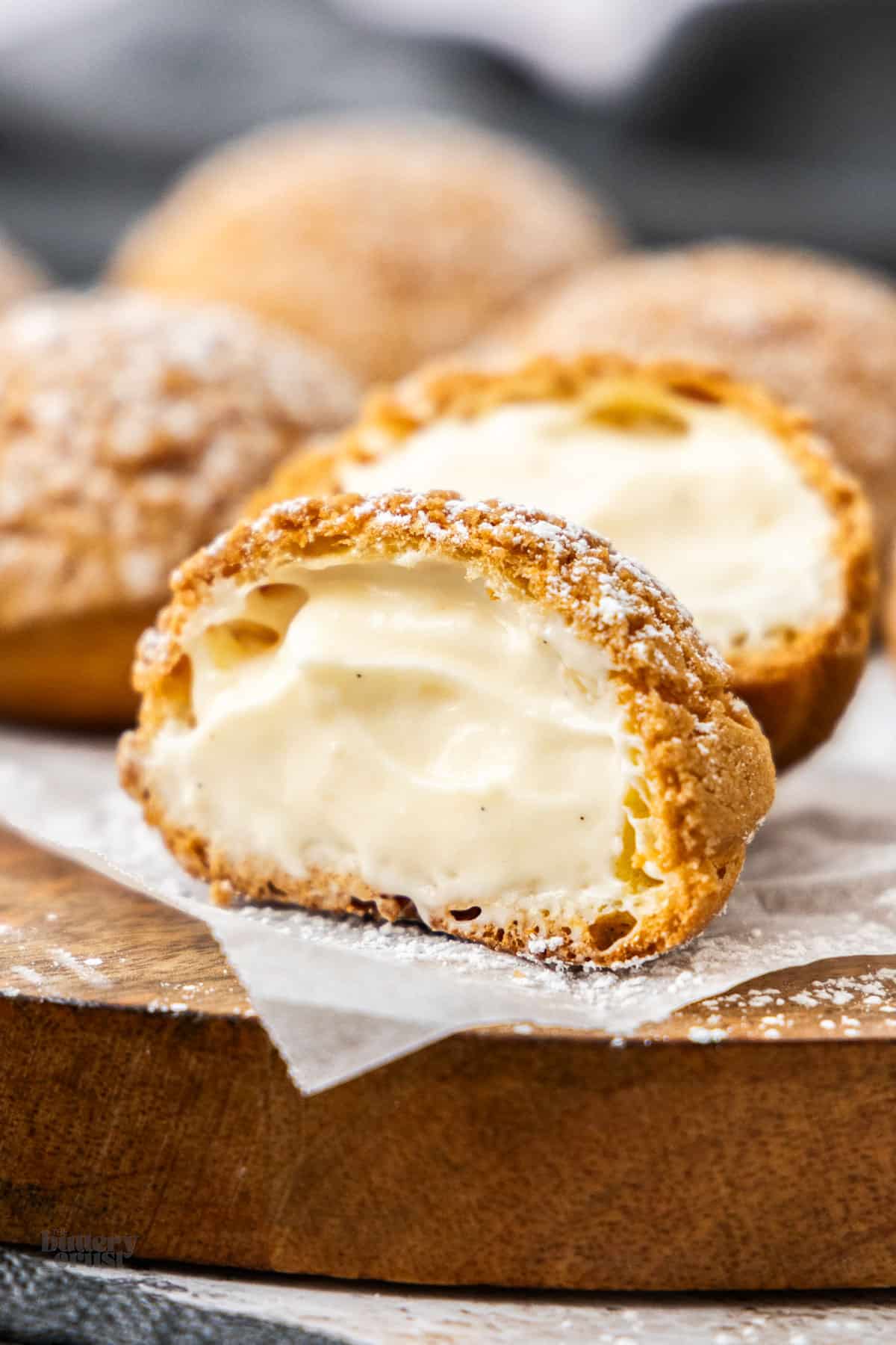 A choux au craquelin filled with creme legere.