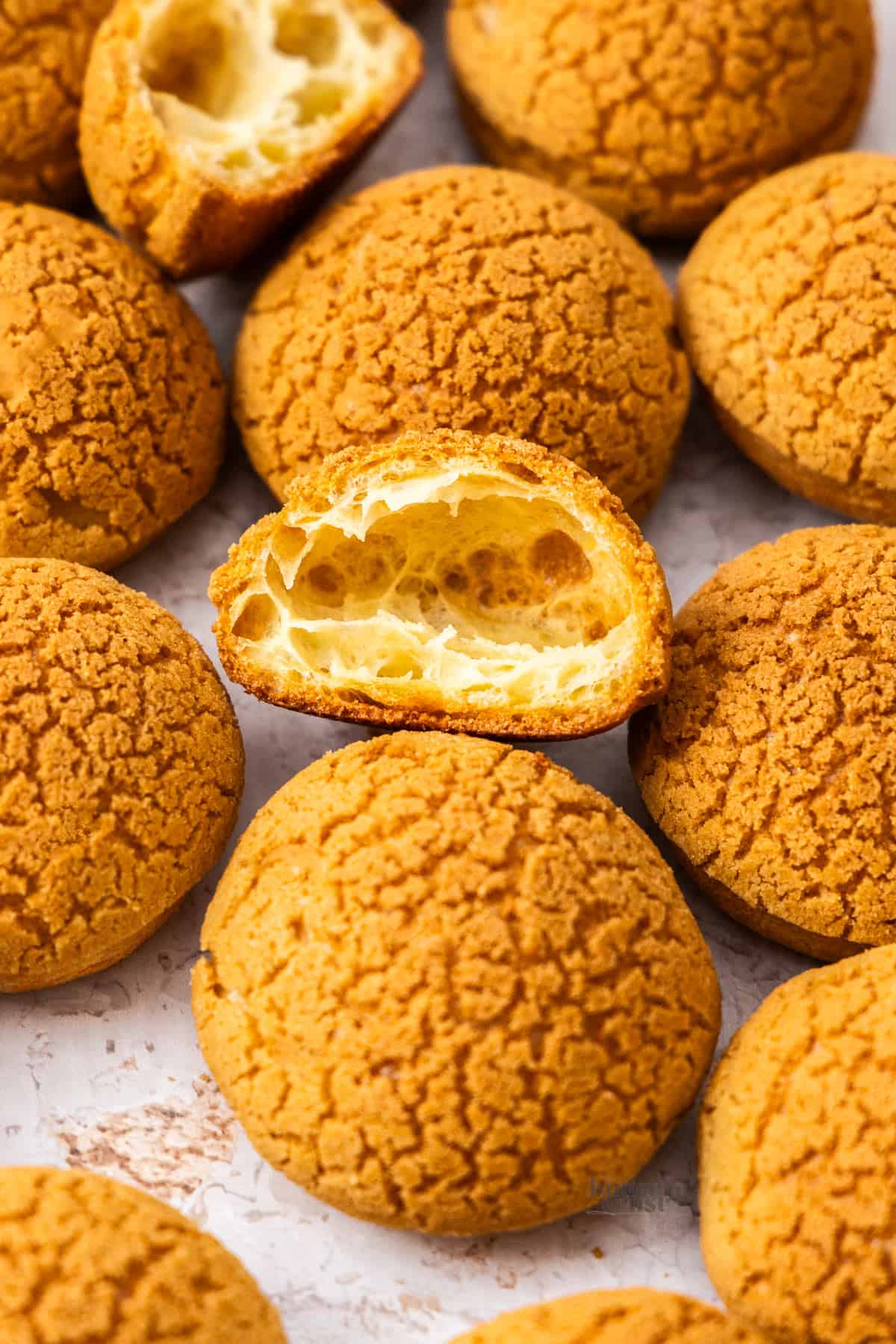 Closeup of the inside of a choux au craquelin.