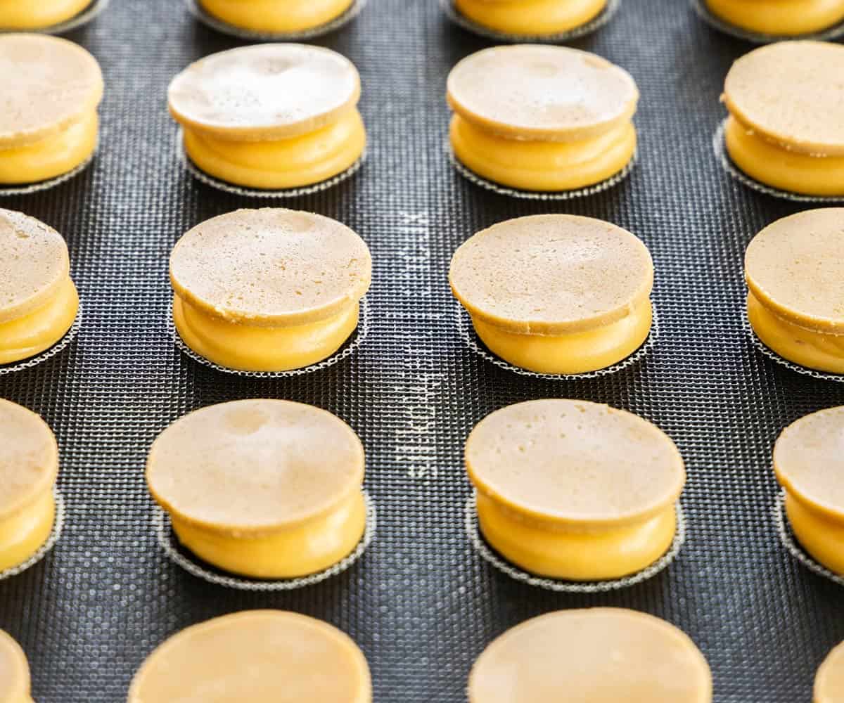 Side on view of choux au craquelin before baking.