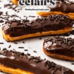 Closeup of 3 chocolate eclairs.