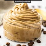 A big swirl of coffee creme patissiere in a glass dish.