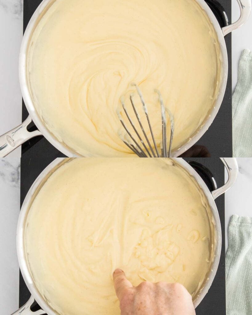 Two images showing the texture of the finished pastry cream.