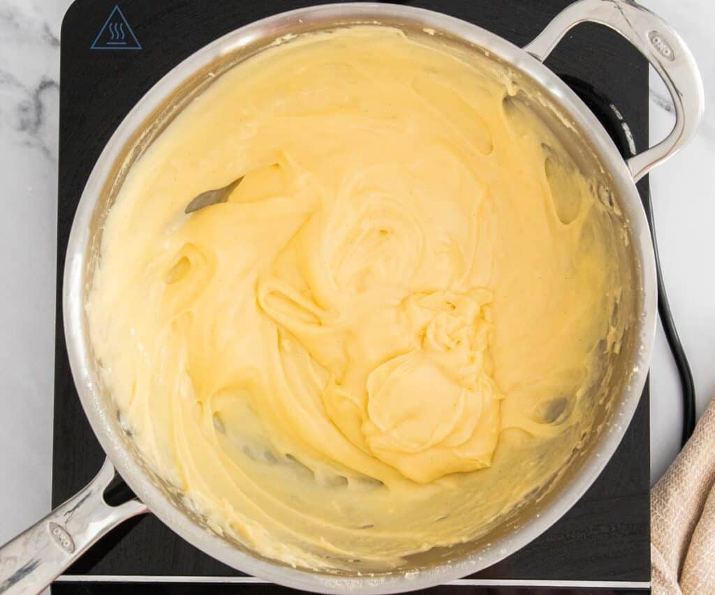 The pastry cream after the vanilla is whisked in.