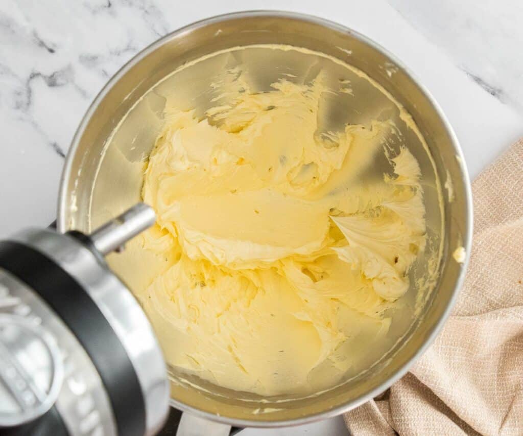 Butter whipped in the bowl of a stand mixer.