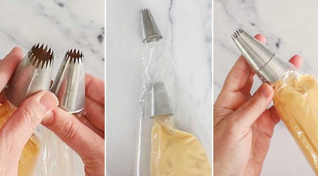 A collage of 3 images showing how to insert one piping bag into another.
