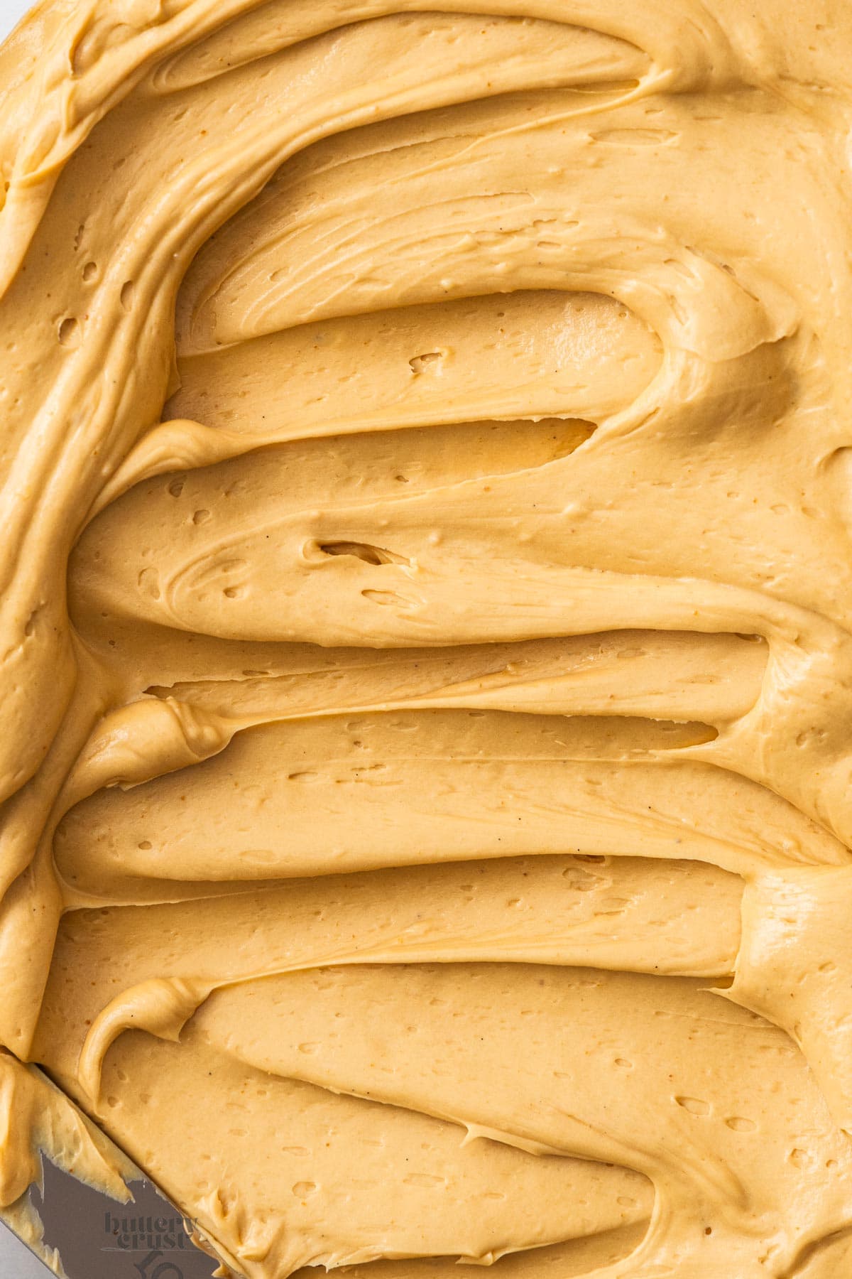 Top-down view of tray of swirled praline mousseline cream.