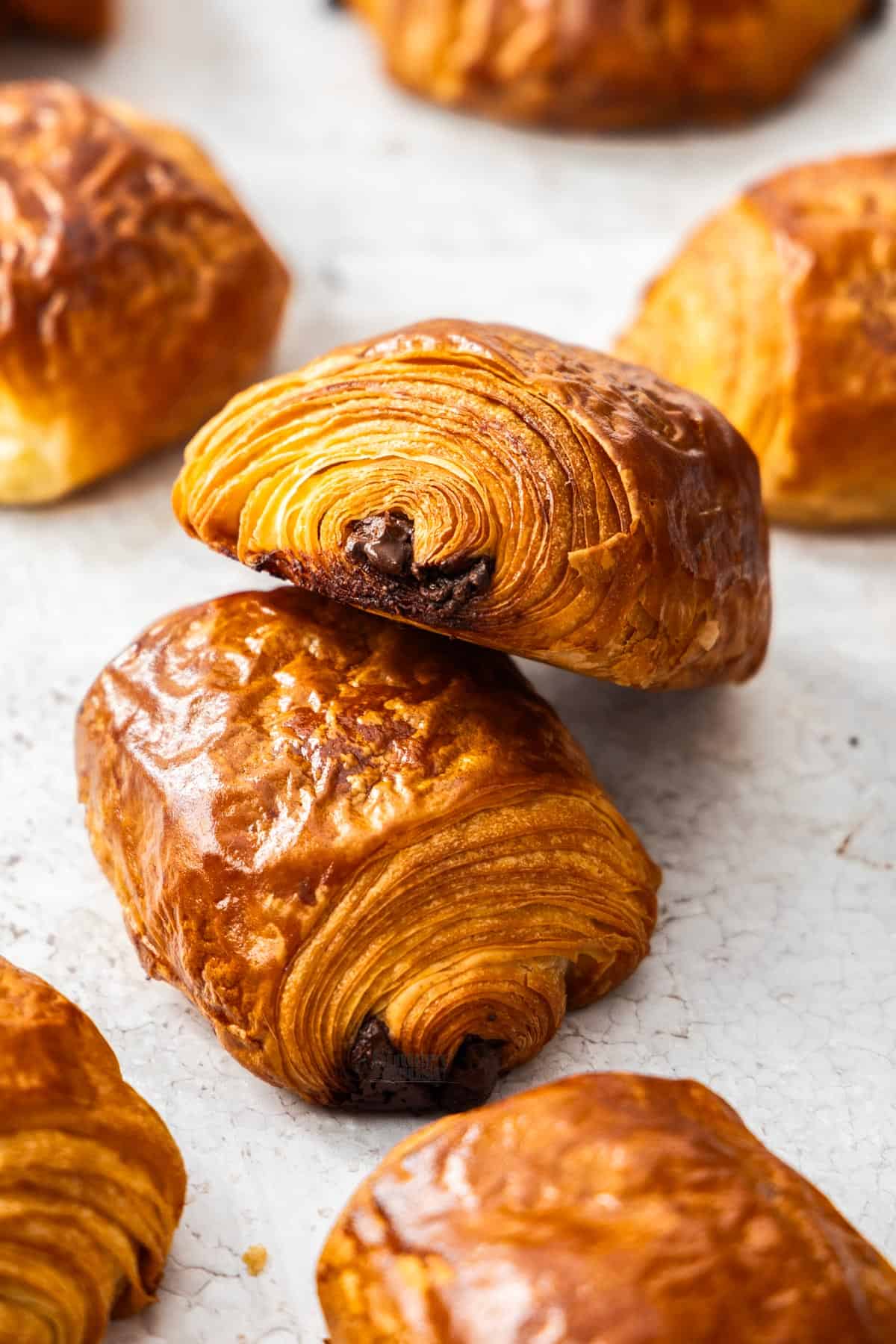 Closeup of the layers on the end of a pain au chocolat.