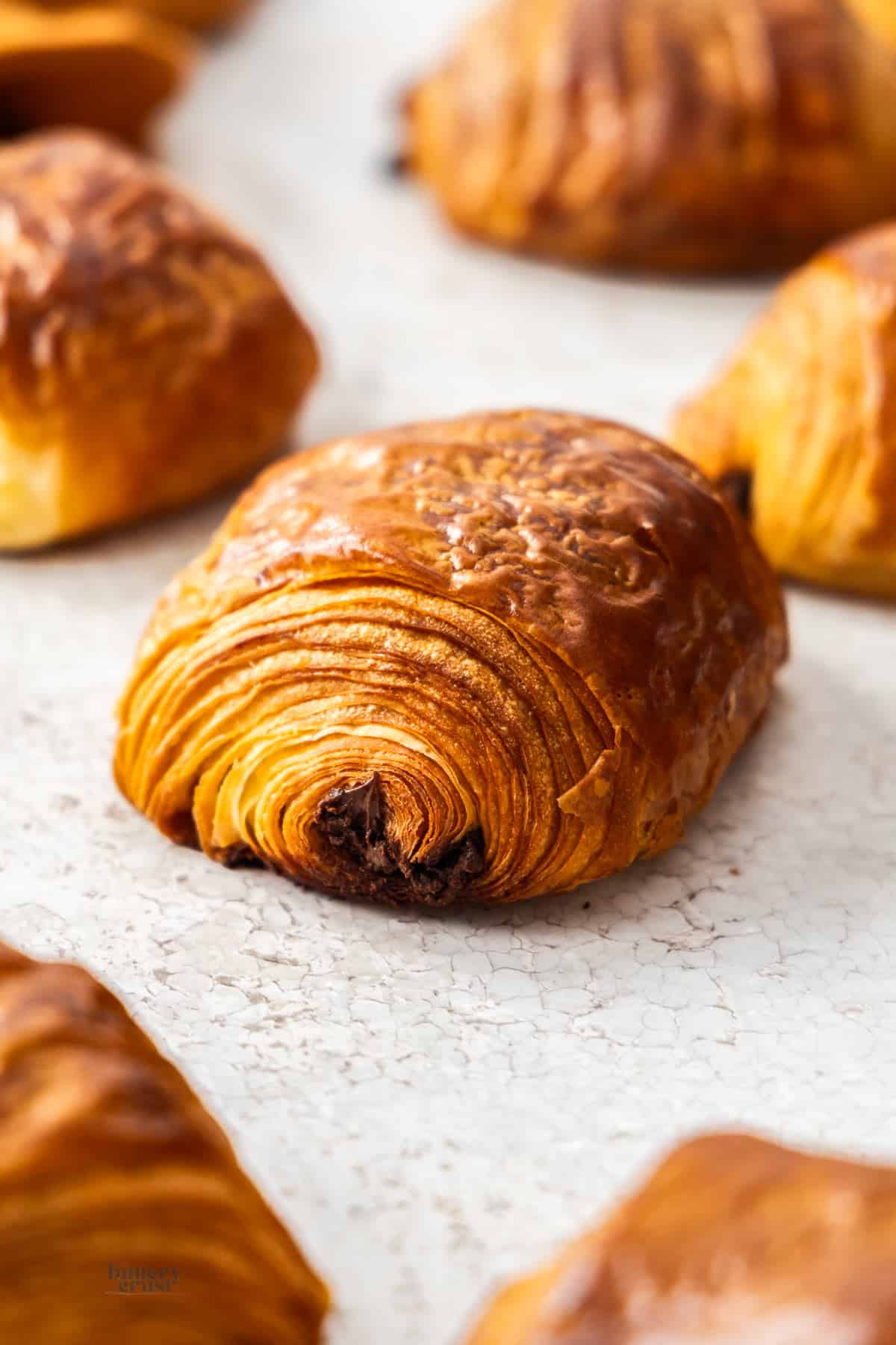 A closeup of a chocolate croissant.