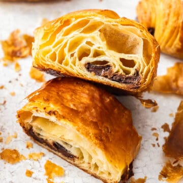 Closeup of the inside of a pain au chocolat.