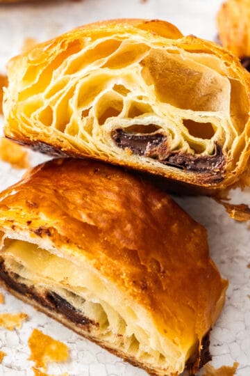Closeup of the inside of a pain au chocolat.