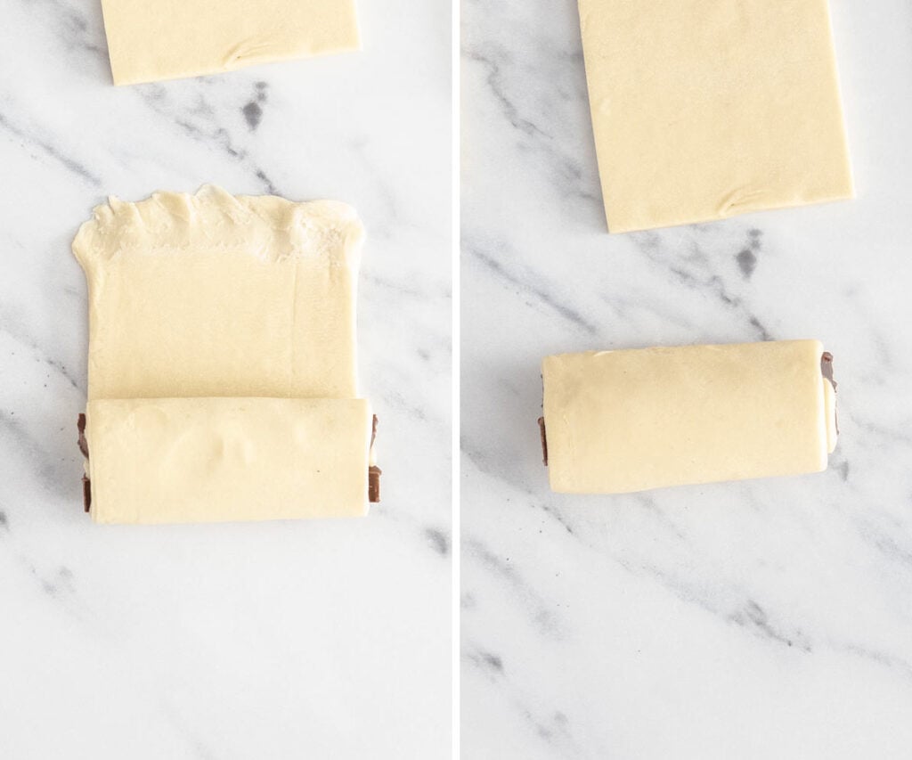 Rolling up the pain au chocolat.